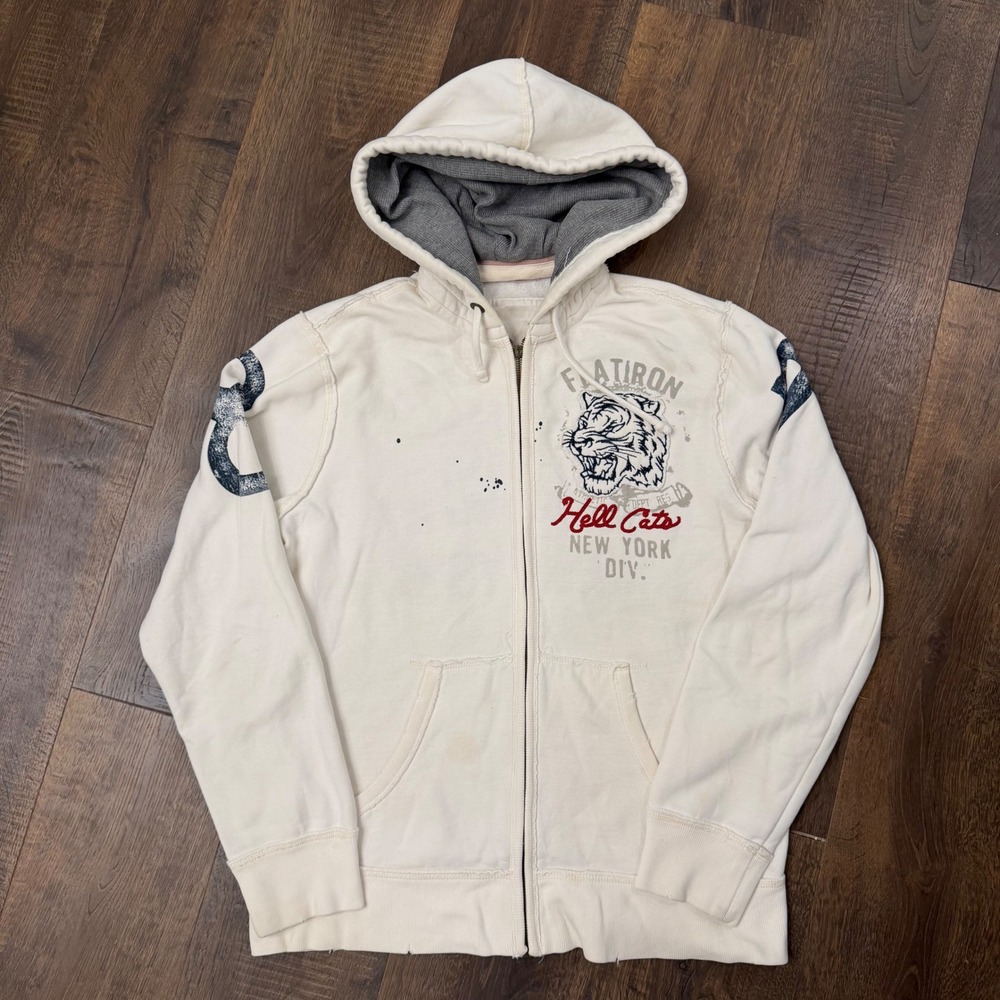 Aeropostale Y2K 2009 Men's XL Full Zip Hoodie Tiger Graphic Distressed White